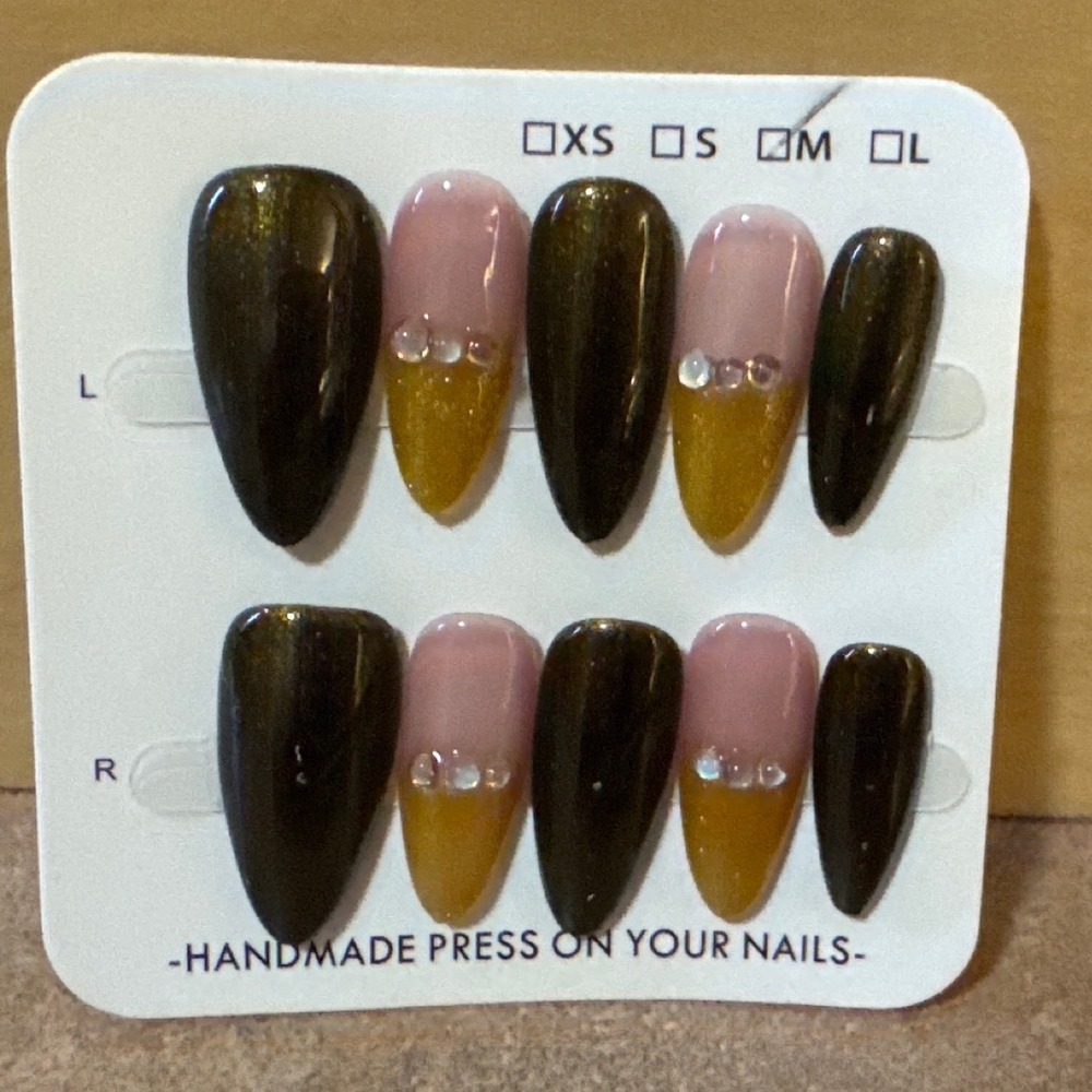 Press On Nails Medium Almond Brown Yellow Rhinestone Custom Glue On Set